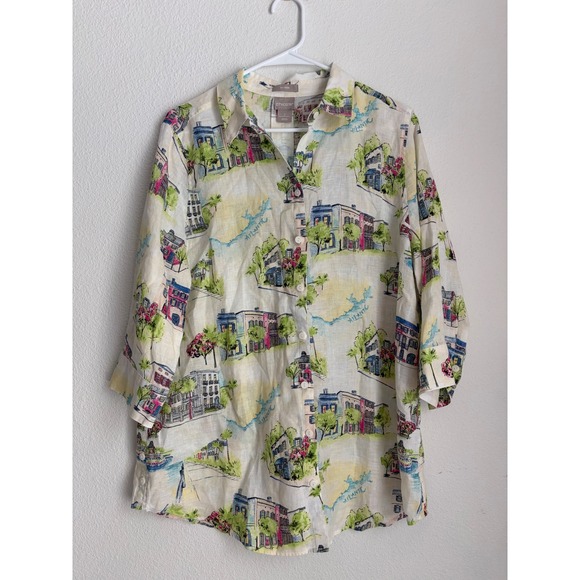 Chico's Tops - Chicos No Iron Linen Blend‎ Coastal Town Print Button Down Shirt Size 2 Large